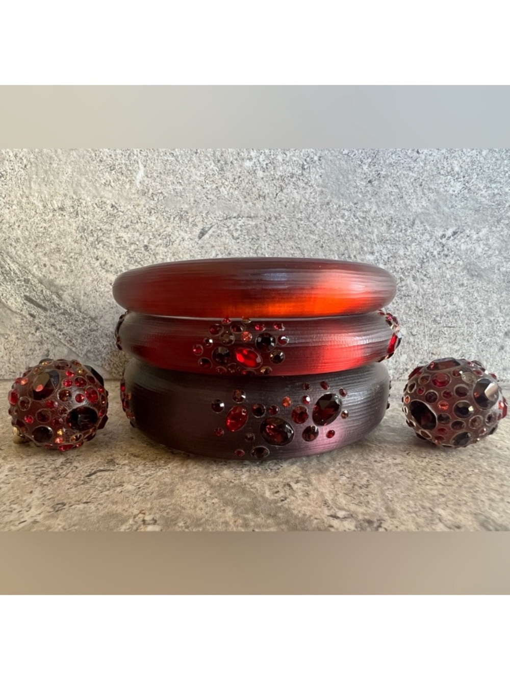 3 Alexis Bittar Red, Fuchsia, & Purple Crystals Lucite Bracelets & earrings set